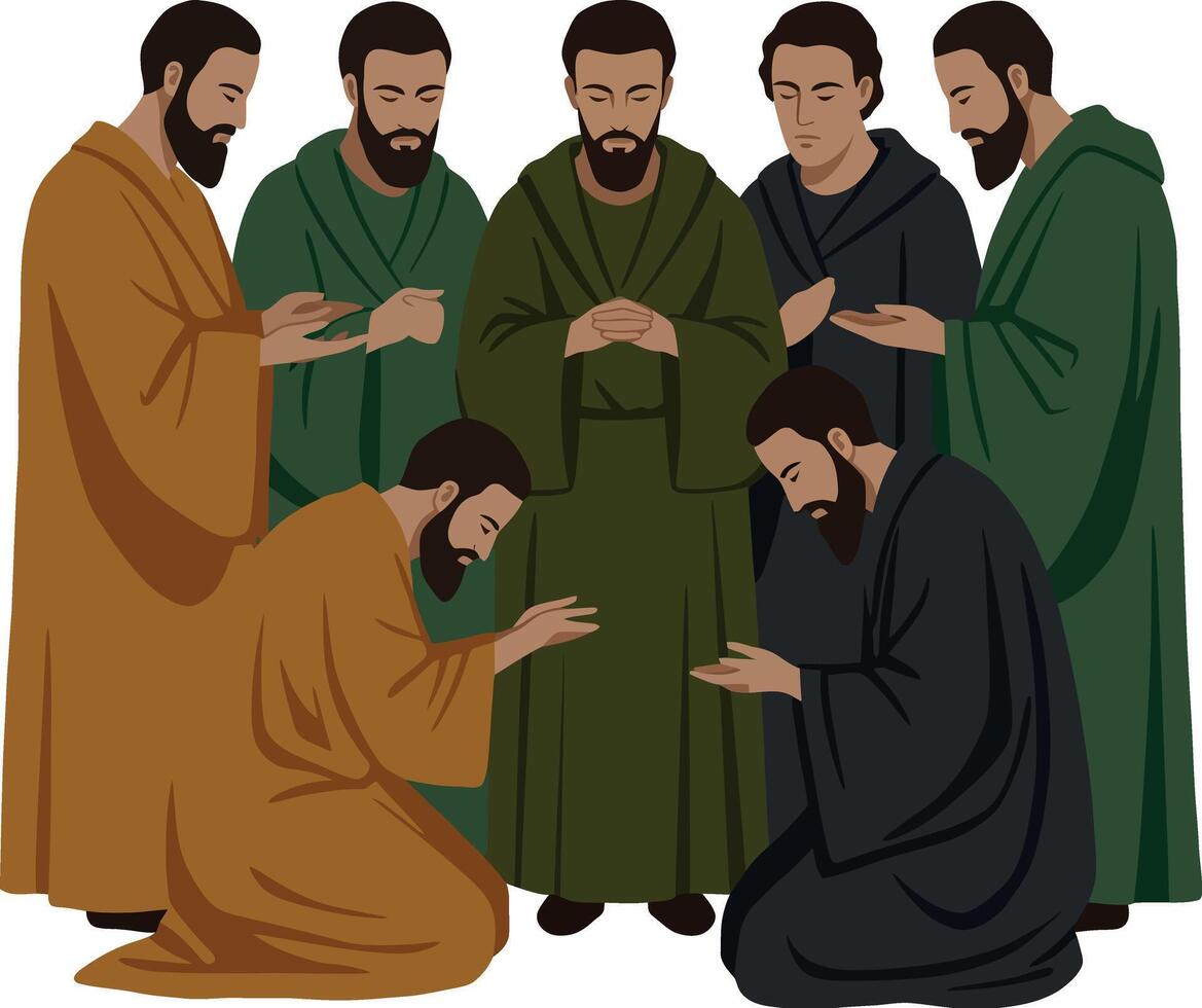 Group of men wearing robes in a biblical style illustration showing unity and prayer vector