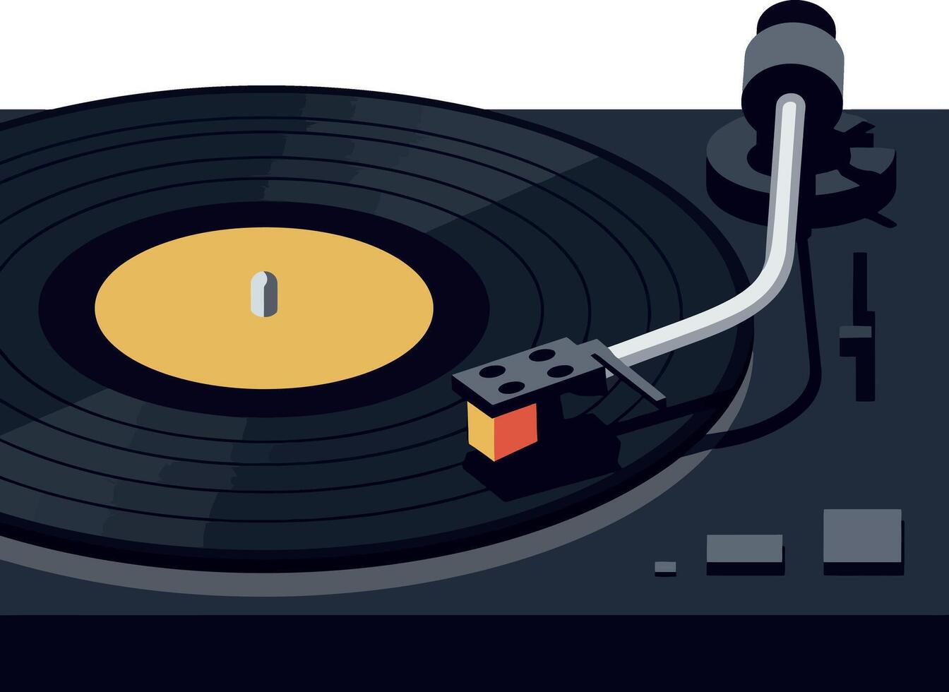 Vintage vinyl record player turntable with yellow label and black tonearm illustration vector