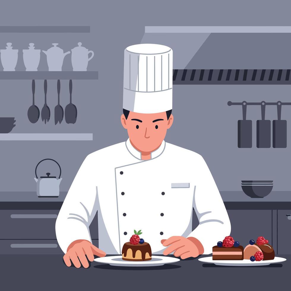Chef preparing dessert in professional kitchen with pastries and utensils illustration vector