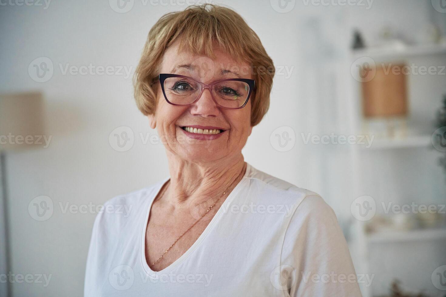 Portrait of senior, elderly woman that is at home in the living room photo