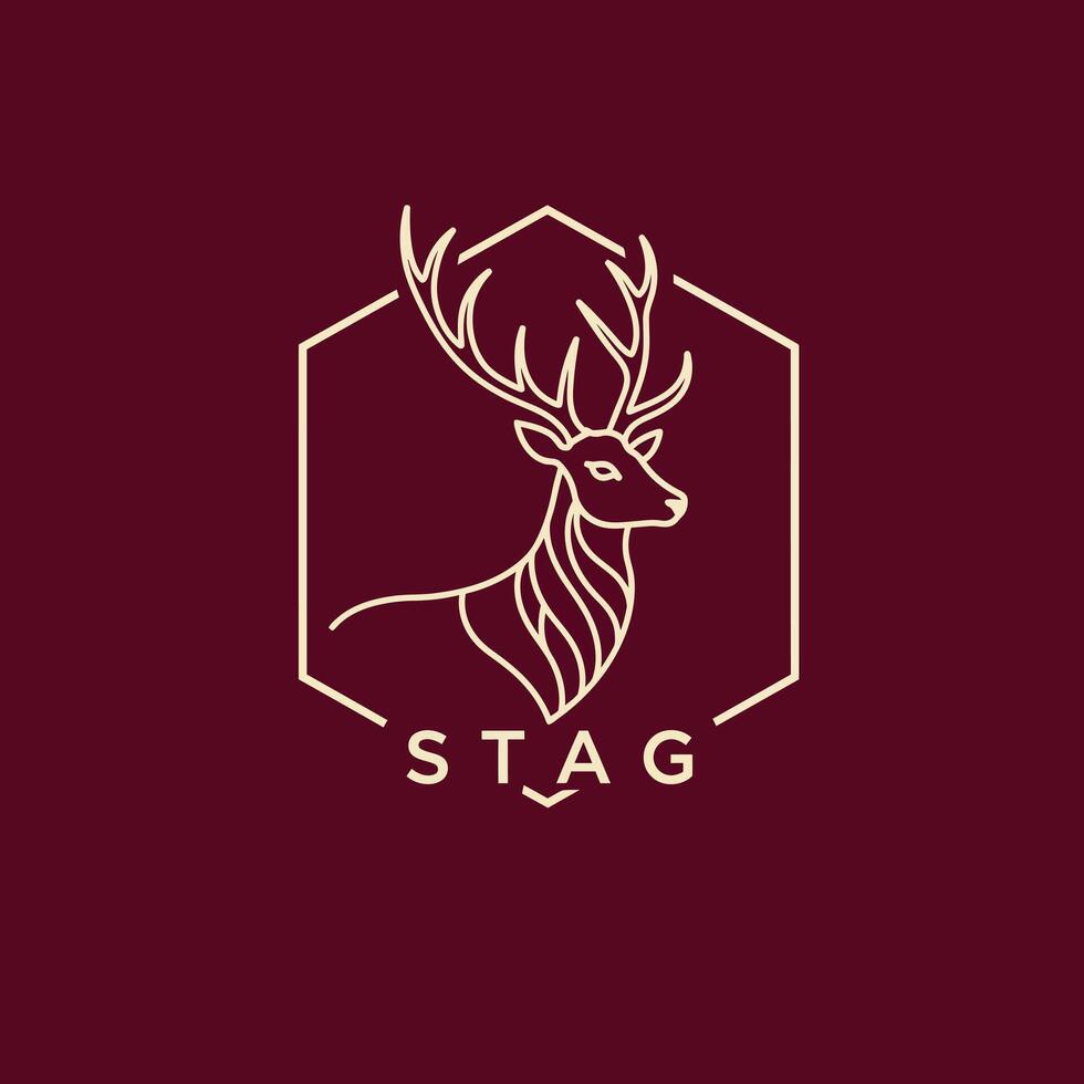 Stag logo design with elegant line art in hexagon shape on dark red background illustration vector