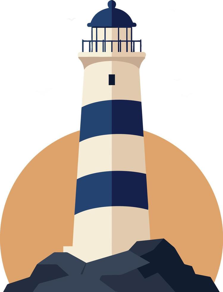Lighthouse with navy and beige stripes on rocky base against orange circle background illustration vector