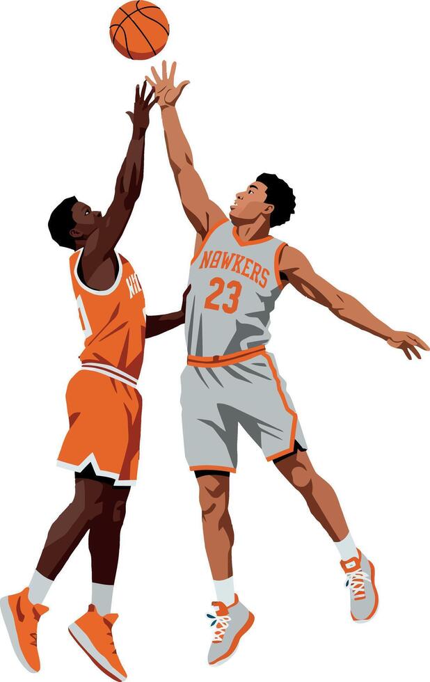 Basketball players jumping for ball in competitive game action illustration vector