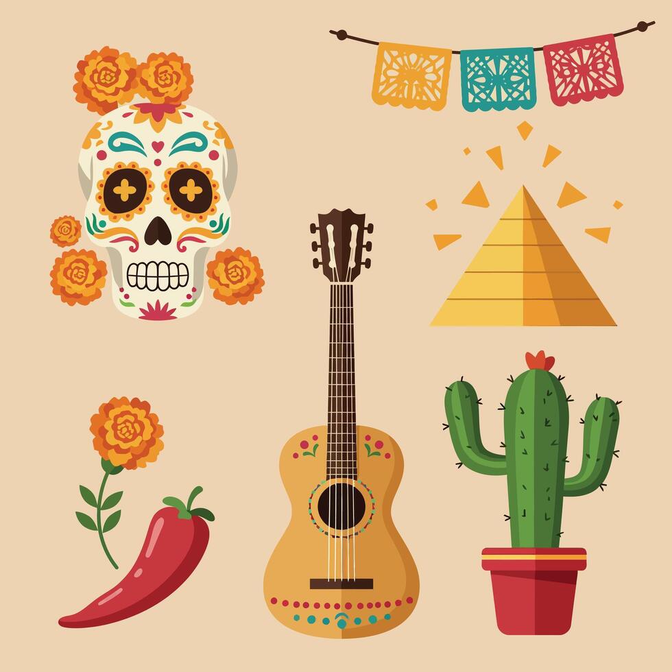 Mexican culture icons with sugar skull guitar pyramid cactus and chili pepper illustration vector