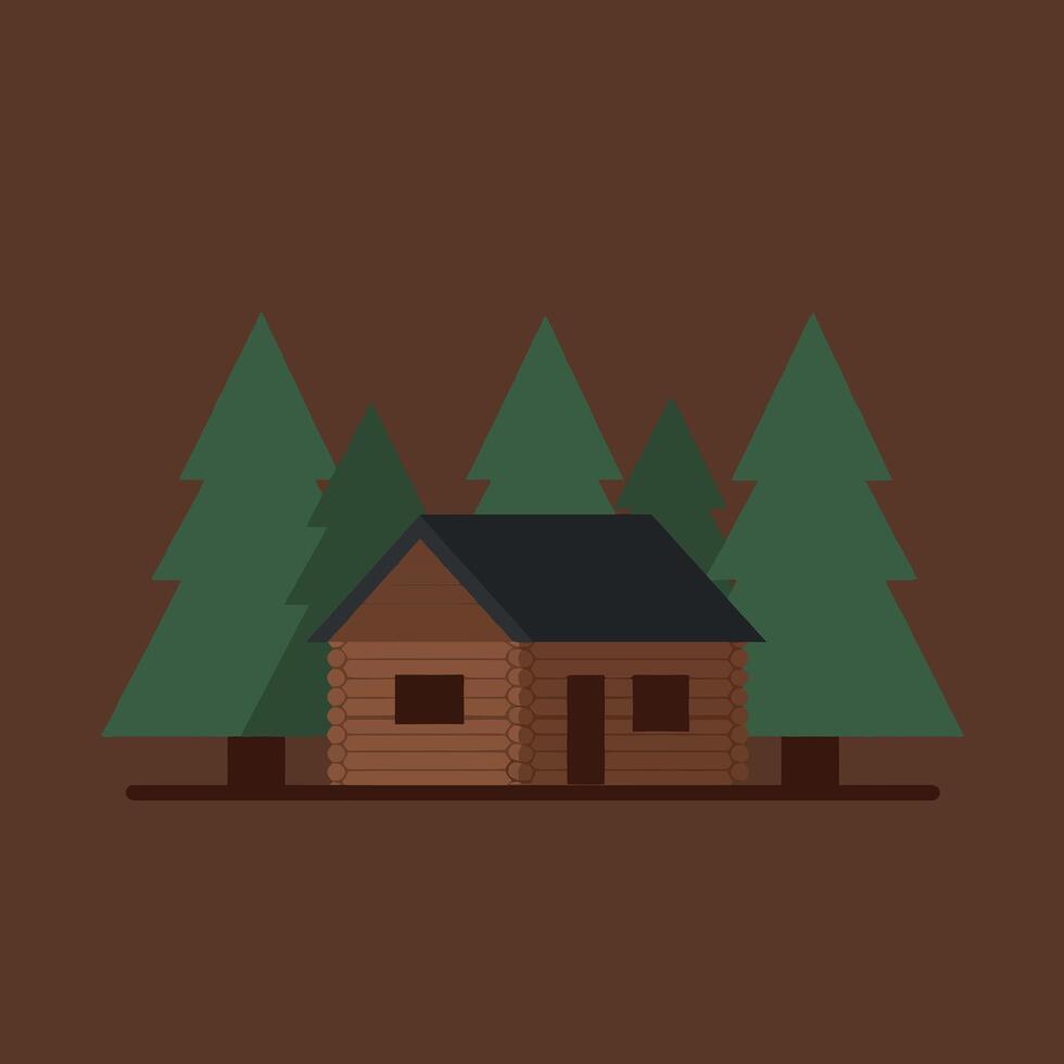 Rustic wooden cabin surrounded by pine trees in forest illustration natural scenery vector