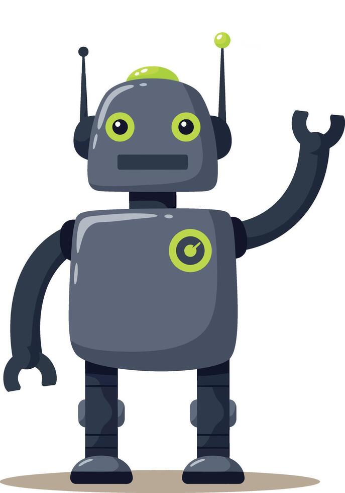 Friendly gray robot waving hand with neon yellow eyes and antenna illustration vector
