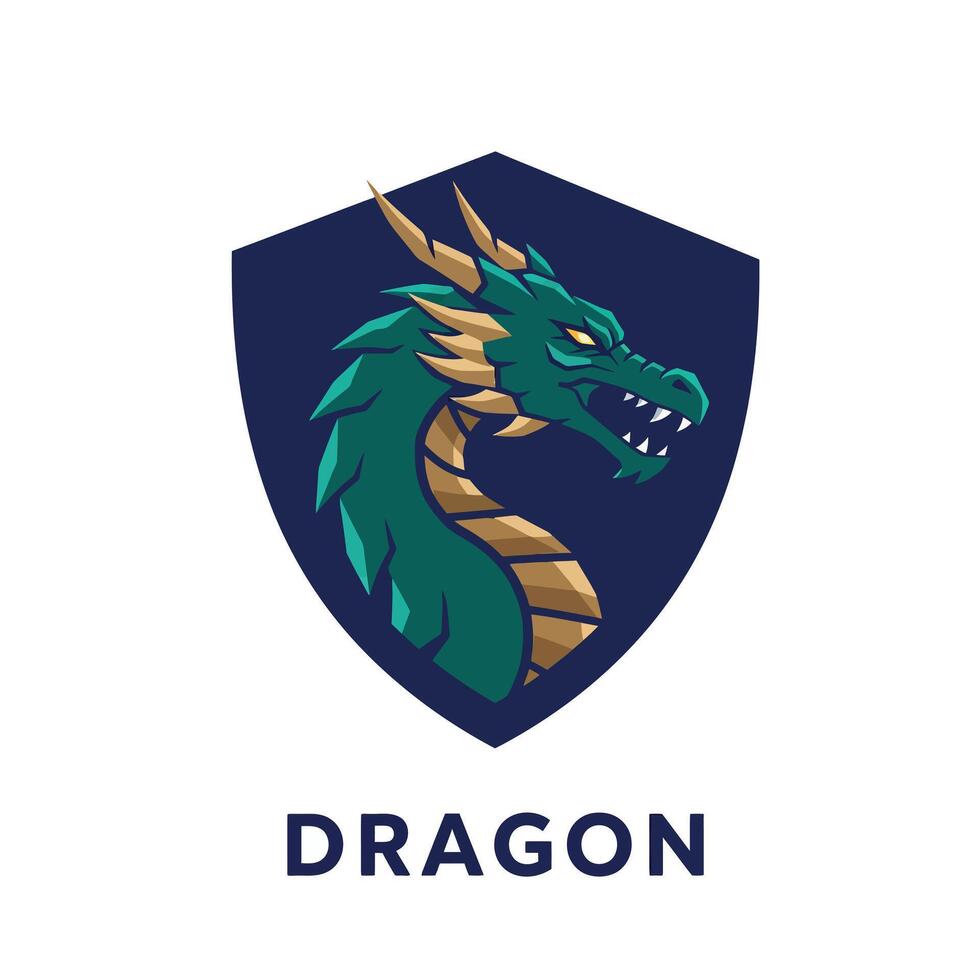 Dragon logo design with green and gold colors in shield emblem style for branding purposes vector