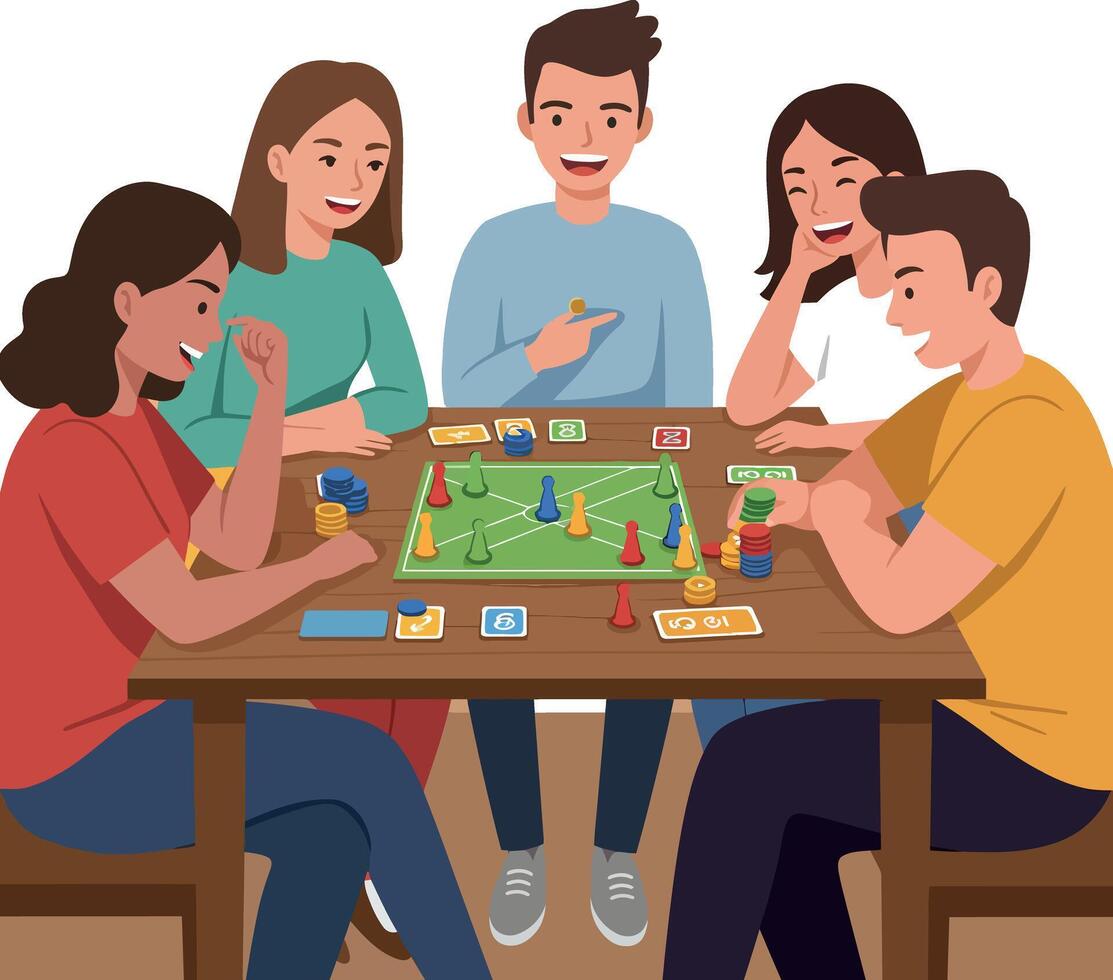 Group of friends playing board game together enjoying leisure time indoors illustration vector