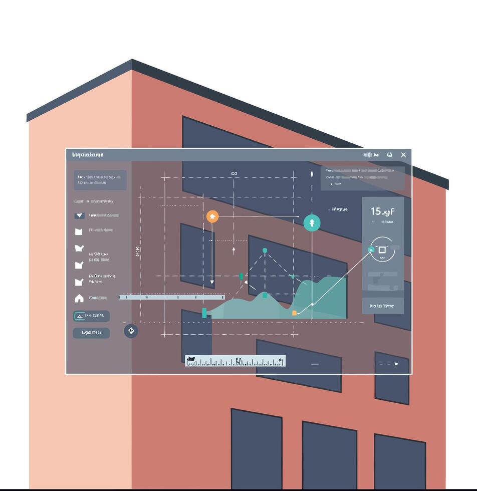 Modern building with data analytics interface overlay in illustration design vector