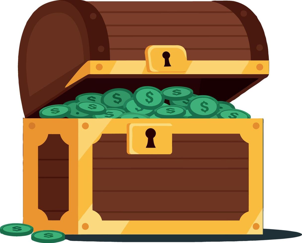 Treasure chest overflowing with green coins illustration for finance and wealth concepts vector