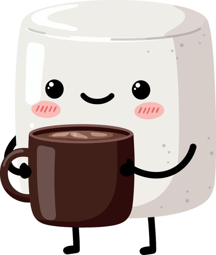 Cute marshmallow character holding brown coffee cup illustration with happy expression vector