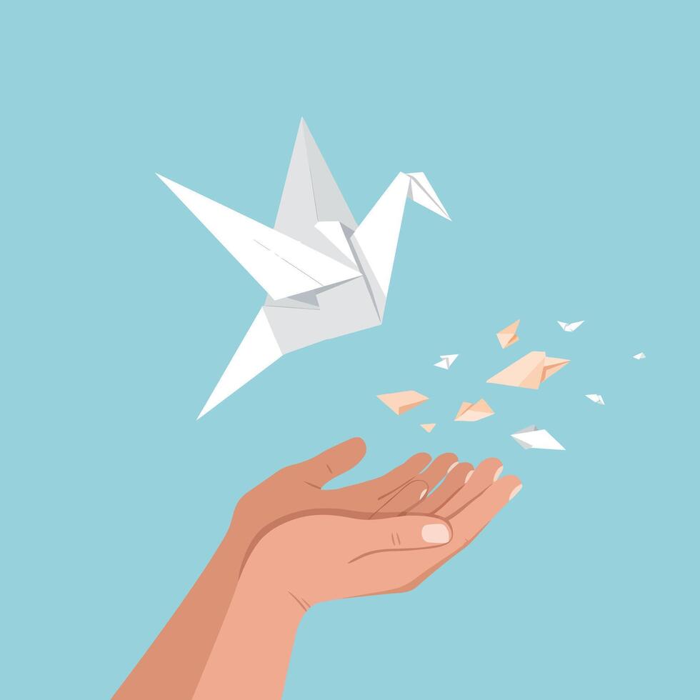 Origami crane flying from hands with blue background illustration peaceful and hopeful design vector