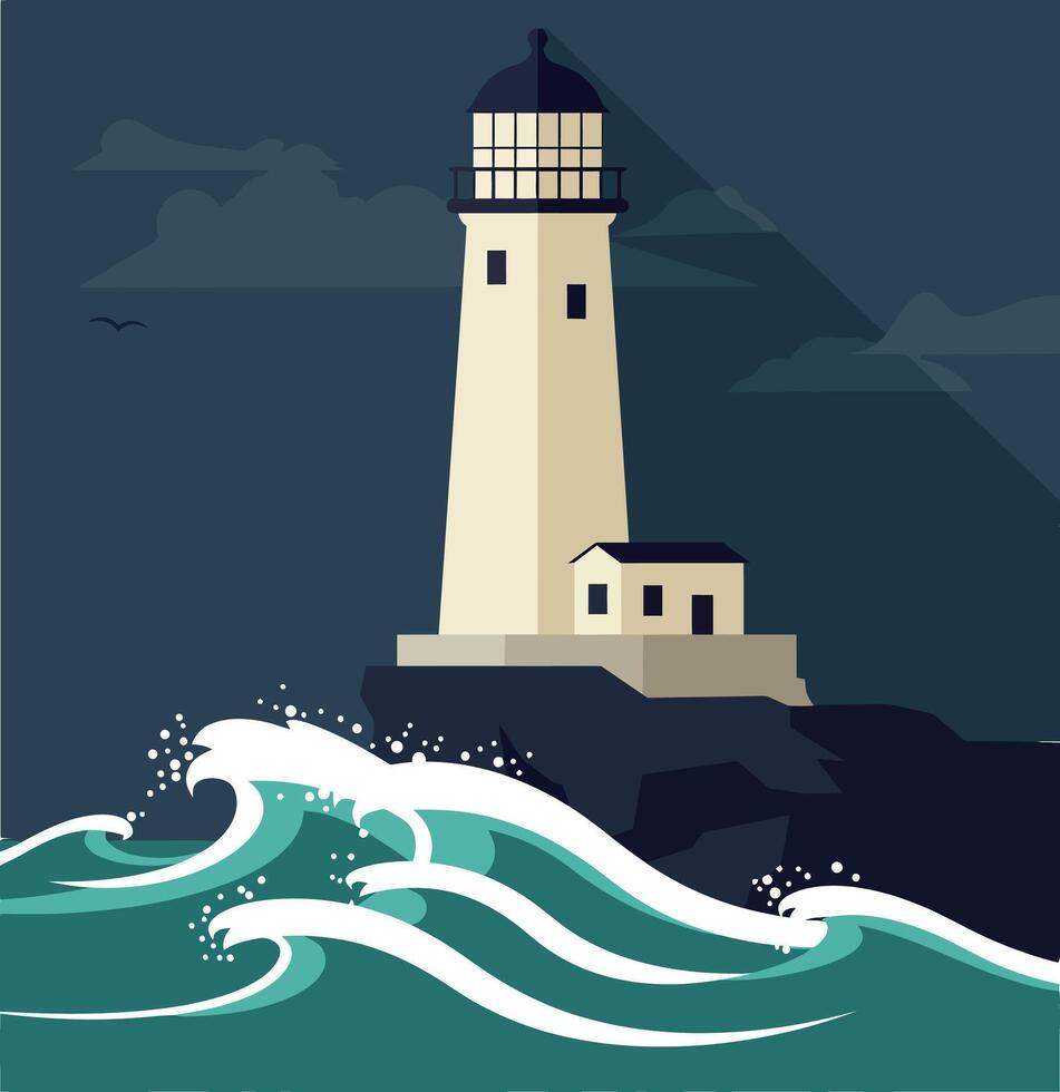 Lighthouse on rocky coast with crashing waves under dark sky illustration vector
