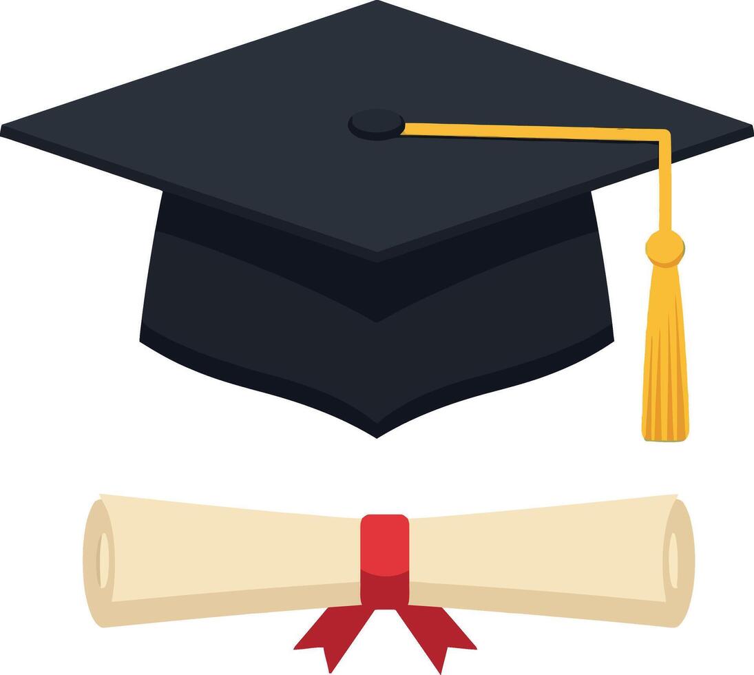 Graduation cap with yellow tassel and diploma scroll tied with red ribbon illustration vector