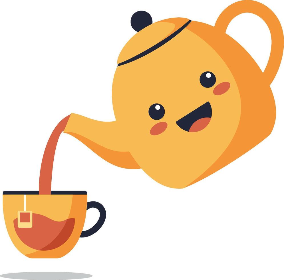 Cute yellow teapot pouring tea into cup illustration with happy expression vector