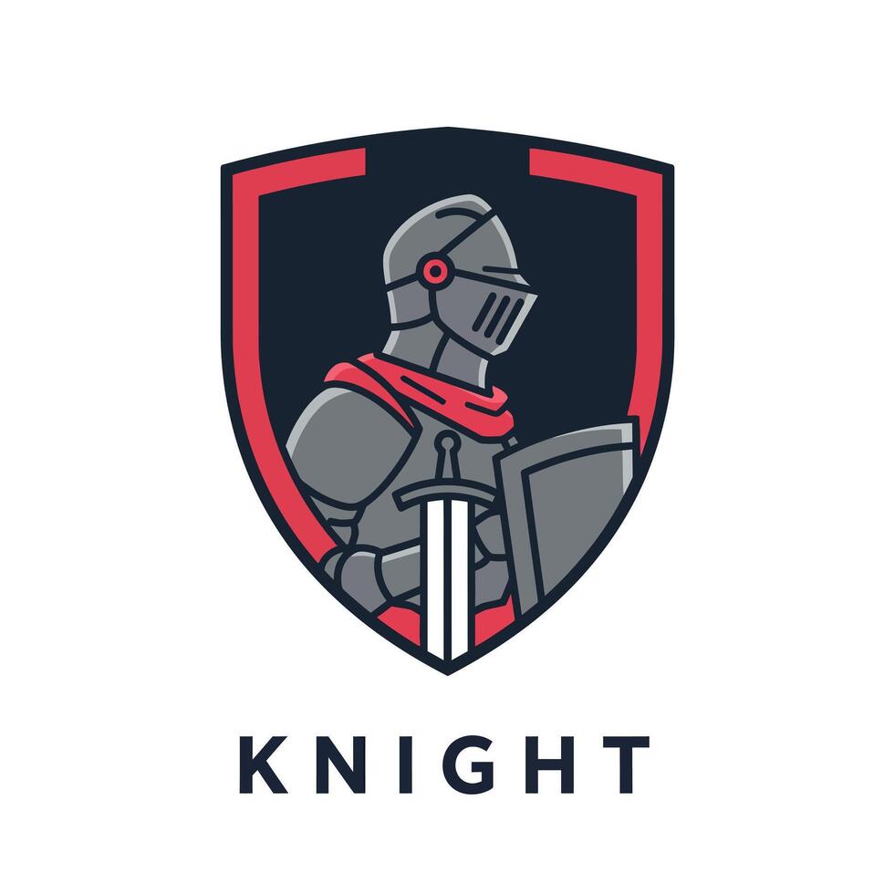 Knight logo design with shield and sword in red and gray colors for branding and identity vector
