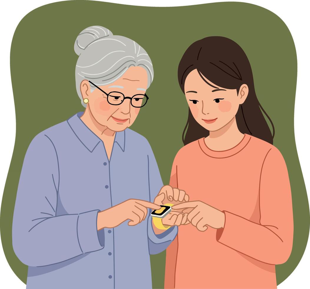 Elderly woman teaching younger woman how to use glucose meter for diabetes care illustration vector