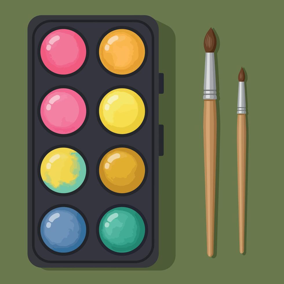 Watercolor paint palette with two brushes on green background illustration vector