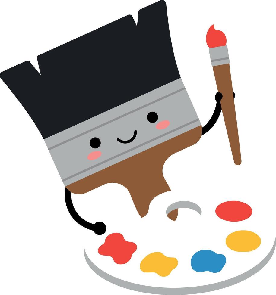 Happy paintbrush holding paint palette with colorful paint drops illustration vector