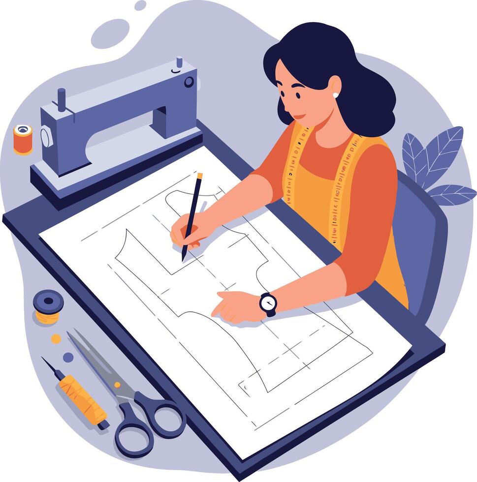 Fashion designer creating clothing patterns with sewing tools and machine illustration vector