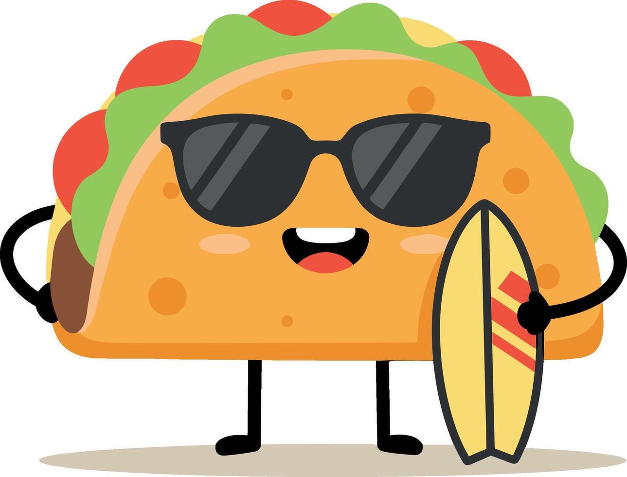 Taco character with sunglasses holding surfboard cartoon illustration fun summer design vector