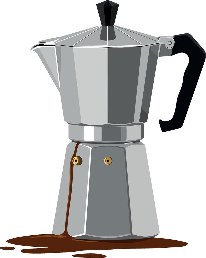 Moka pot coffee maker with spilled coffee illustration in silver and black colors vector
