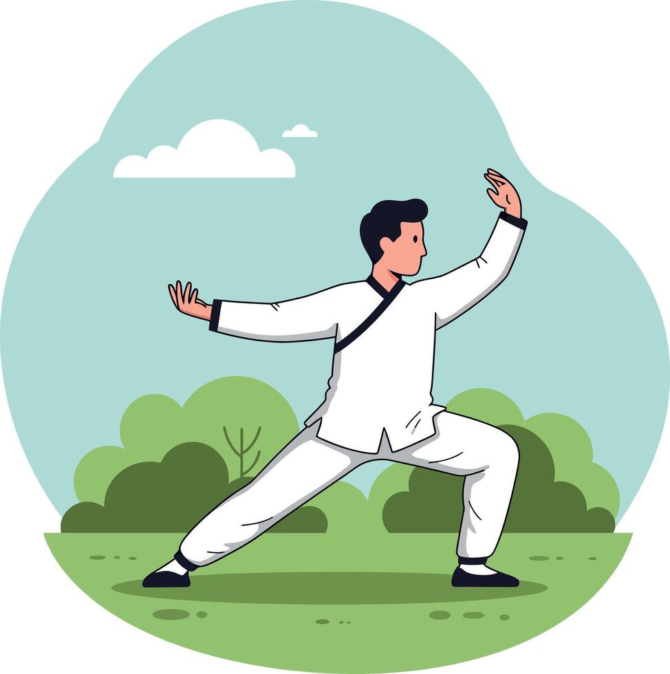 Man practicing tai chi martial arts exercise outdoor in nature park setting vector