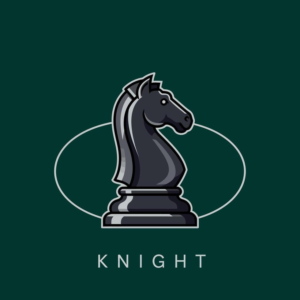 Knight chess piece logo design with dark green background and silver outline illustration vector