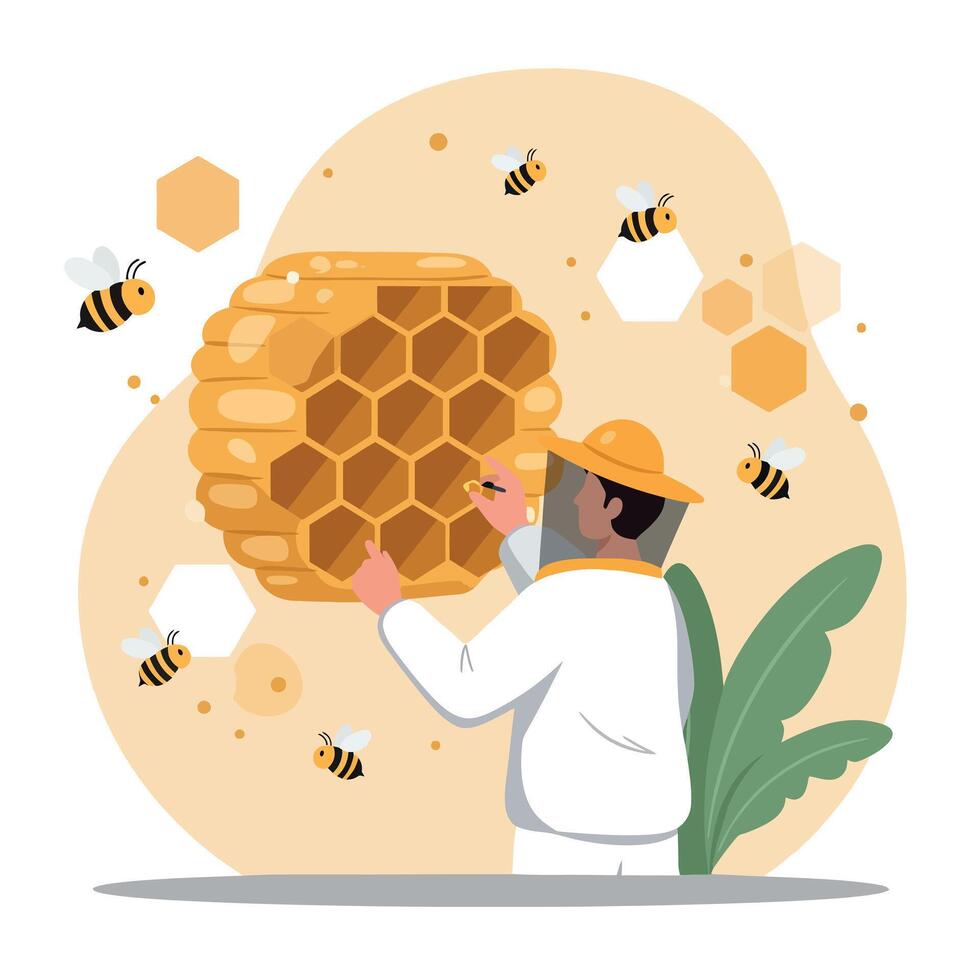 Beekeeper harvesting honeycomb surrounded by bees in natural environment illustration vector