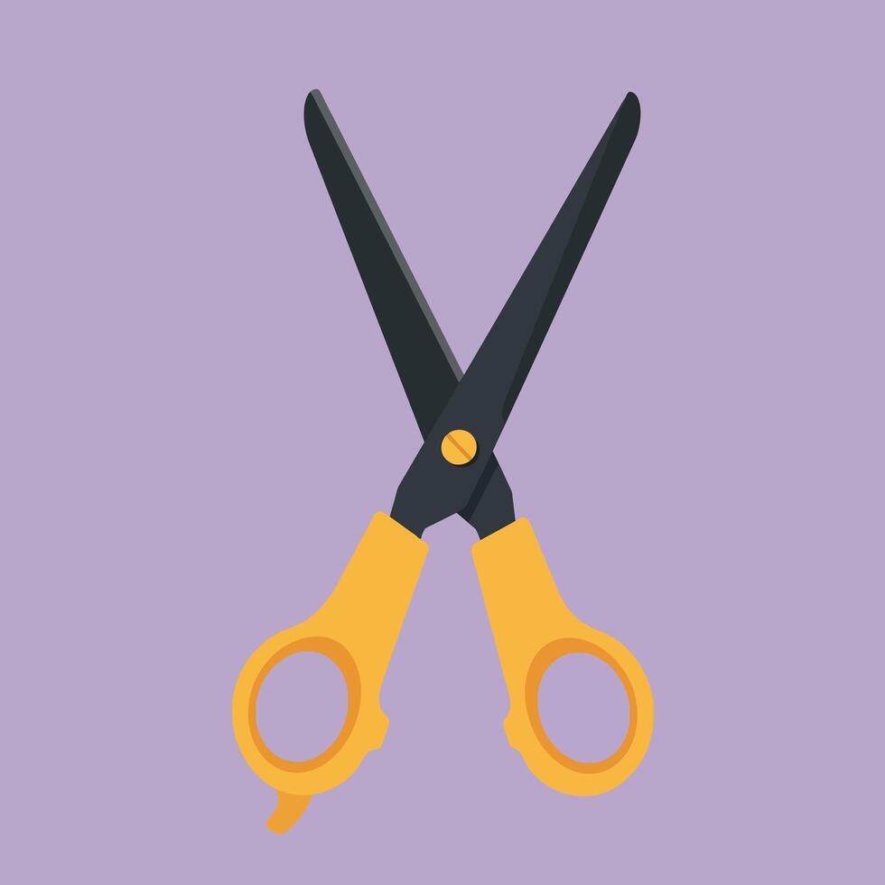 Yellow Handle Scissors Illustration with Black Blades on Purple Background vector