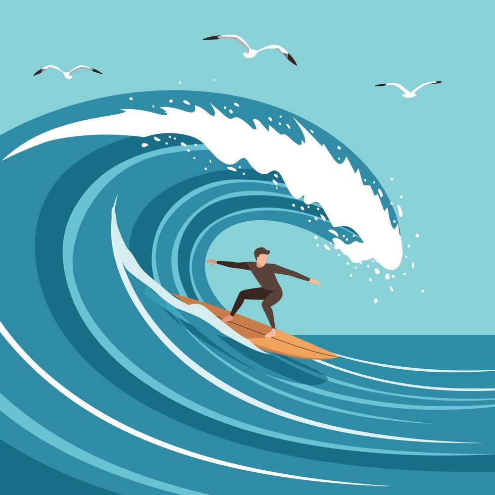 Surfer riding large blue wave with seagulls in clear sky illustration vector