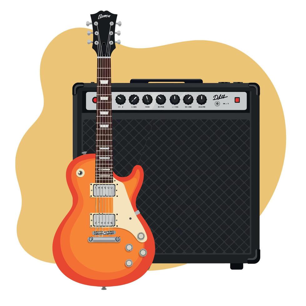 Electric guitar with amplifier music instrument illustration in orange and black colors vector