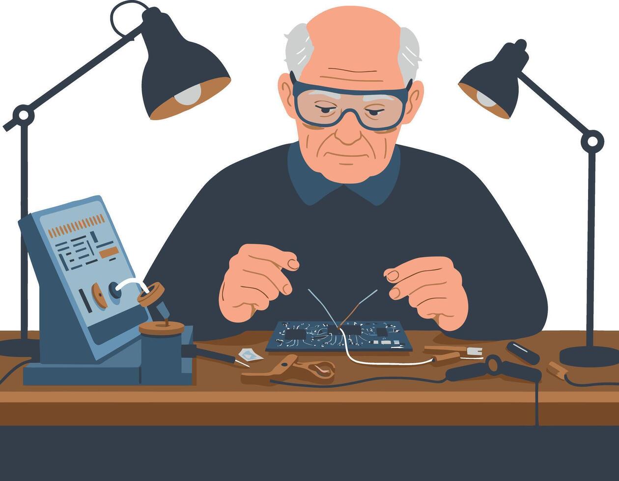 Elderly man repairing electronics at desk with lamps and tools illustration vector