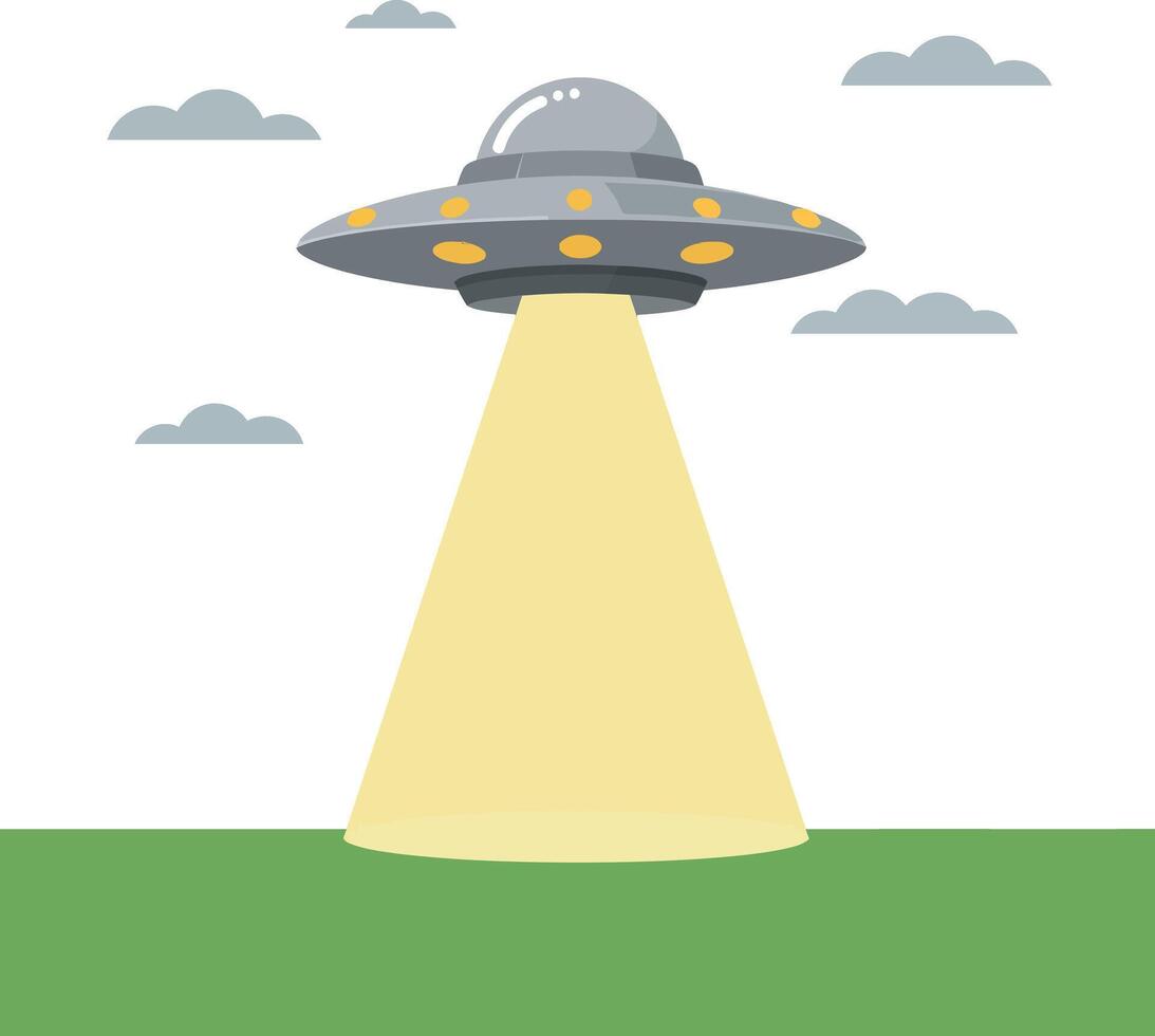 Flying saucer UFO beaming light over green field with clouds illustration vector