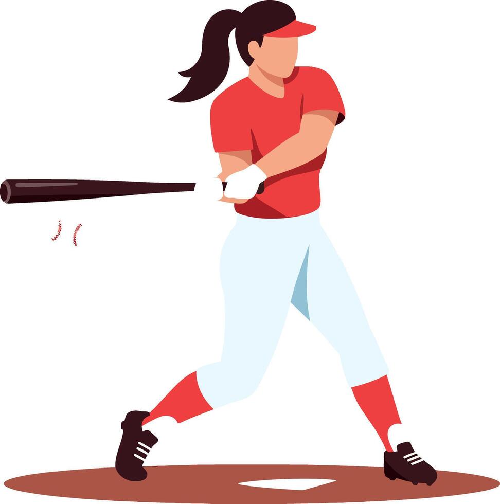 Female baseball player in red uniform swinging bat hitting ball illustration vector