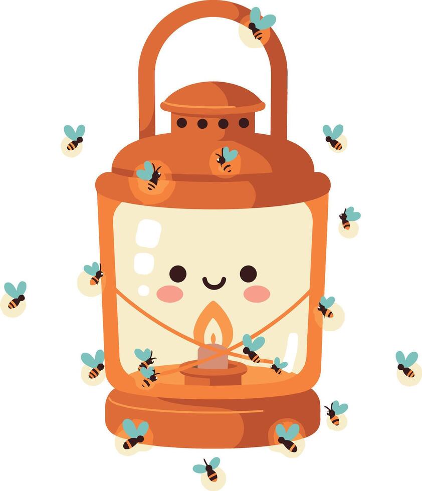 Cute orange vintage lantern with smiling face surrounded by bees illustration vector