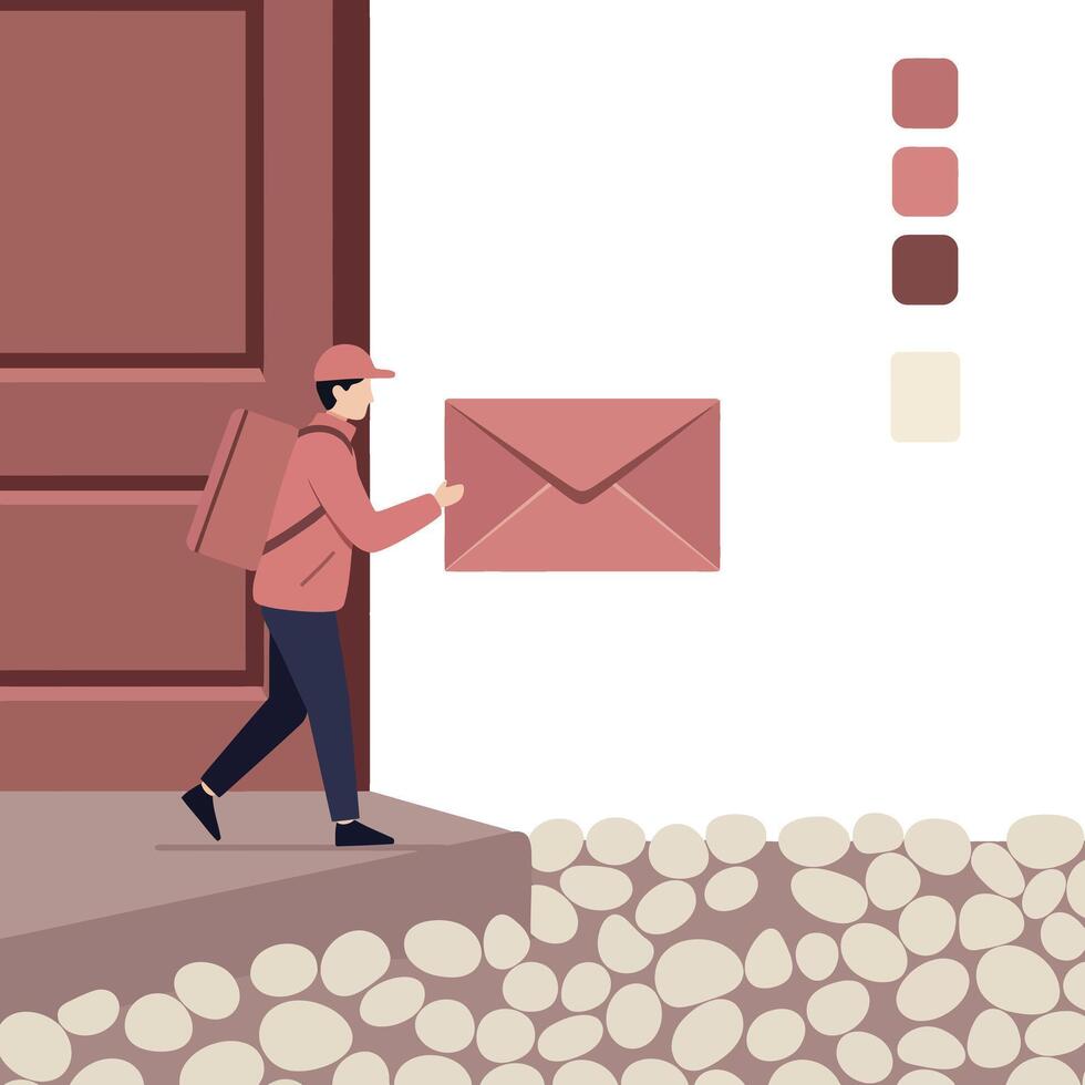 Delivery person delivering large envelope near door in muted red and beige tones illustration vector