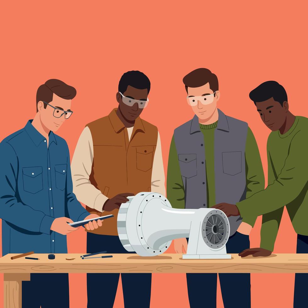 Diverse young engineers collaborating on wind turbine model in workshop illustration vector