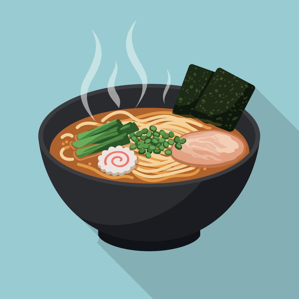 Hot steaming bowl of ramen noodles with pork and seaweed in black bowl illustration vector