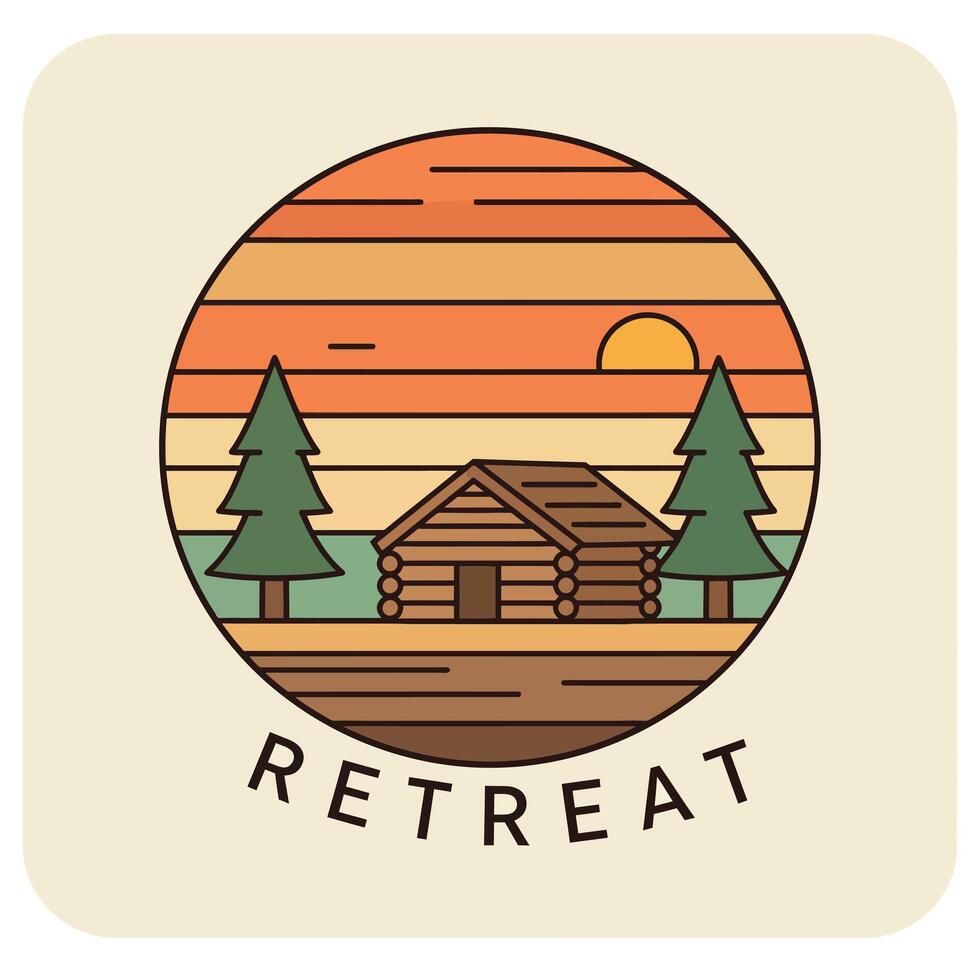 Cabin retreat logo design with pine trees and sunset background illustration vector