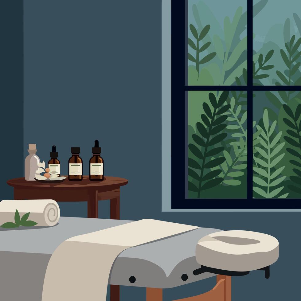 Massage room with essential oils and green plants window view in calm setting vector