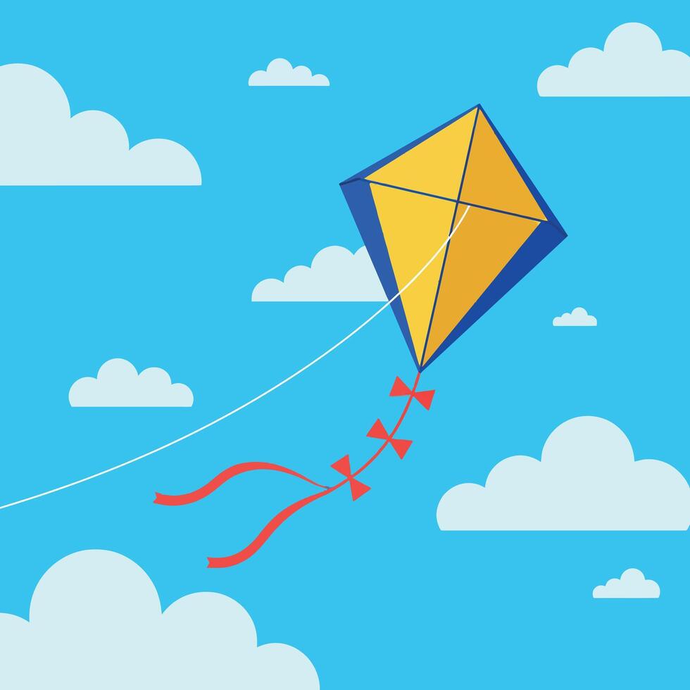 Yellow kite flying in blue sky with white clouds and red ribbons illustration vector