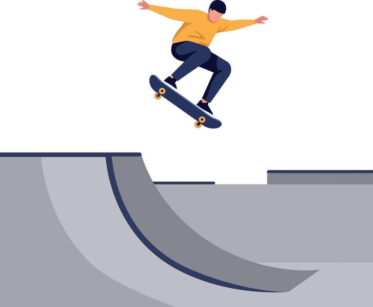 Skateboarder performing jump trick over half pipe ramp illustration in active pose vector