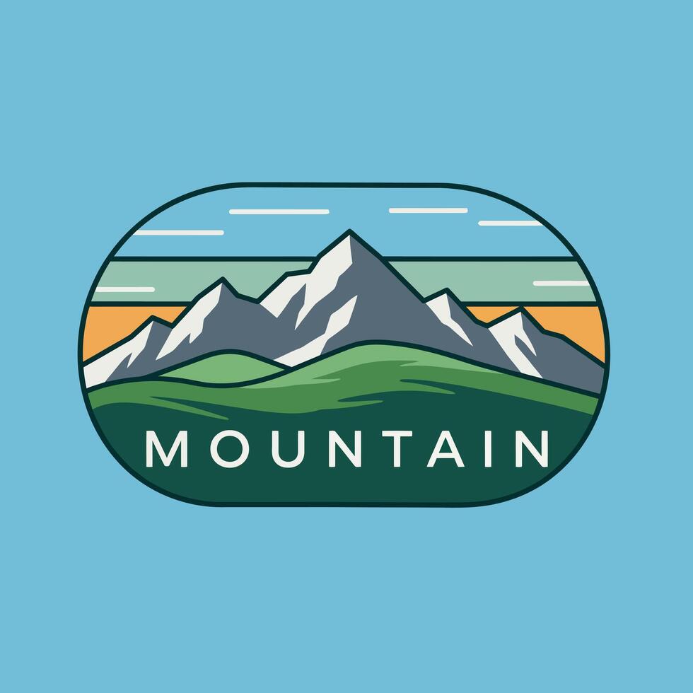 Mountain landscape logo design with green hills and sunset sky illustration vector