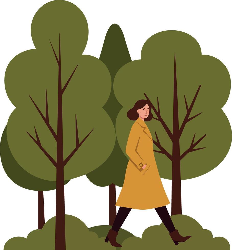Woman walking in autumn forest with green trees and brown coat illustration vector