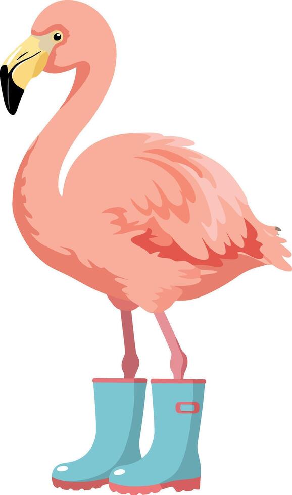 Flamingo standing in blue rain boots illustration with pink feathers and yellow beak vector