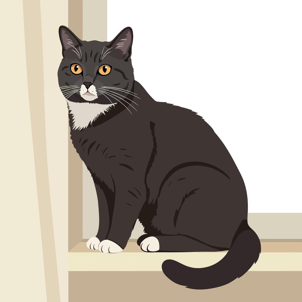 Black and white cat with yellow eyes sitting on window ledge illustration vector