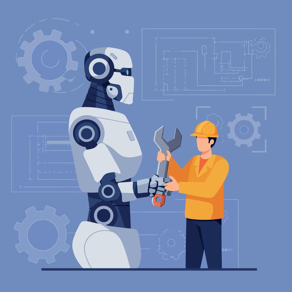 Robot and engineer collaborating on mechanical design with wrench and gears in blue background vector