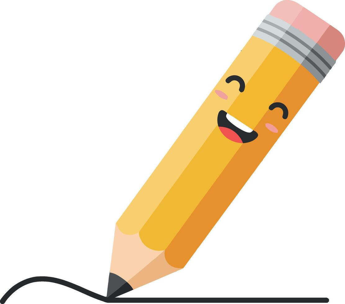 Happy Yellow Pencil Drawing Smiling Face Illustration with Pink Eraser and Black Tip vector