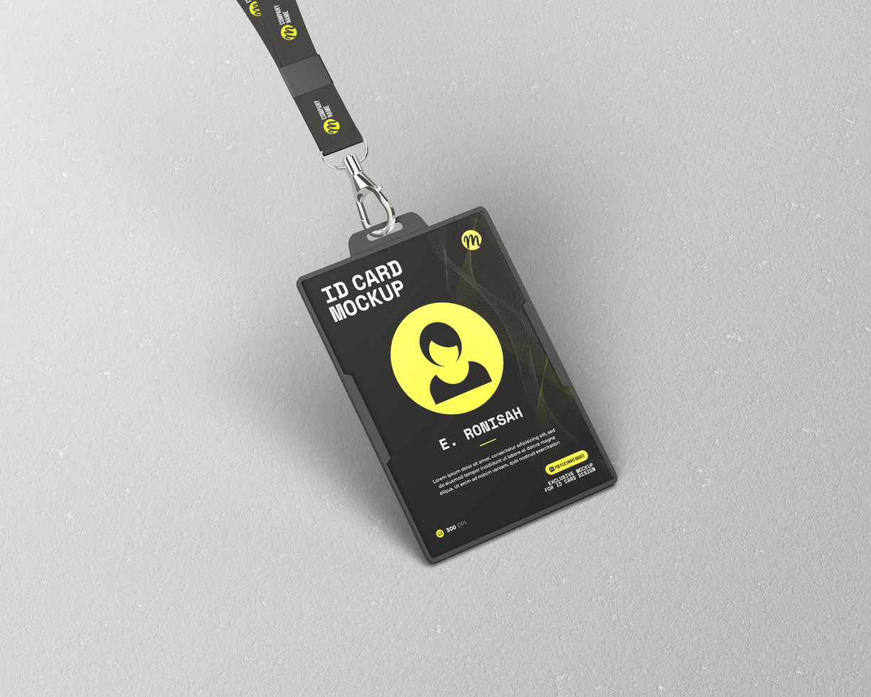 ID Card Mockup with Lanyard on Wall Background psd